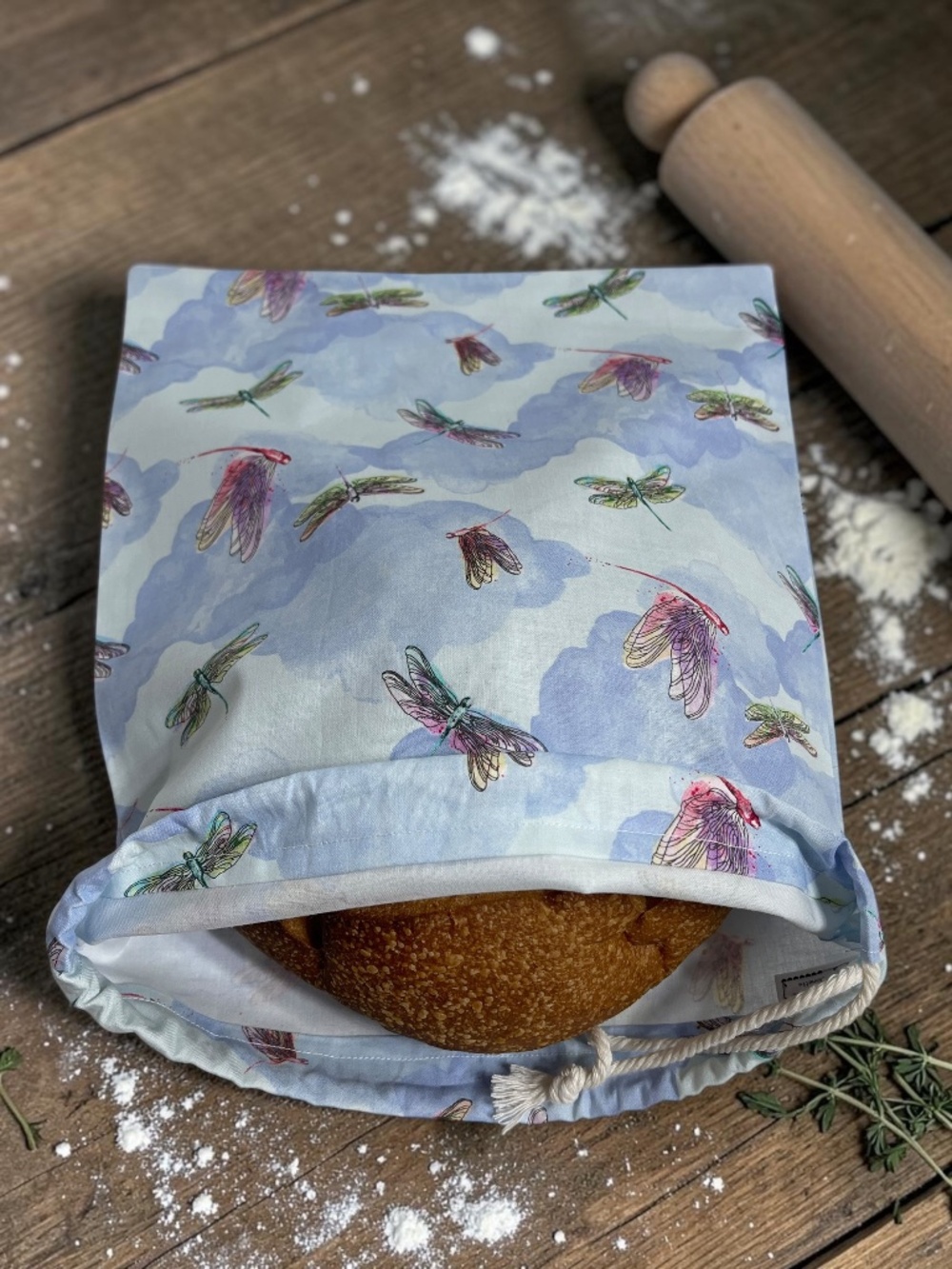 Colorful Dragonfly Cotton Bread Bag, Reusable Bread Storage Bag, Sourdough Sack